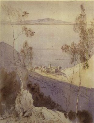 Esphigmenou-klosteret (akvarell) av Edward Lear