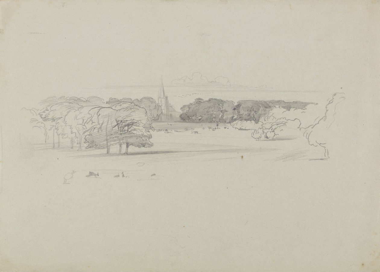 Utsikt over en eng mot en kirke av Edward Lear