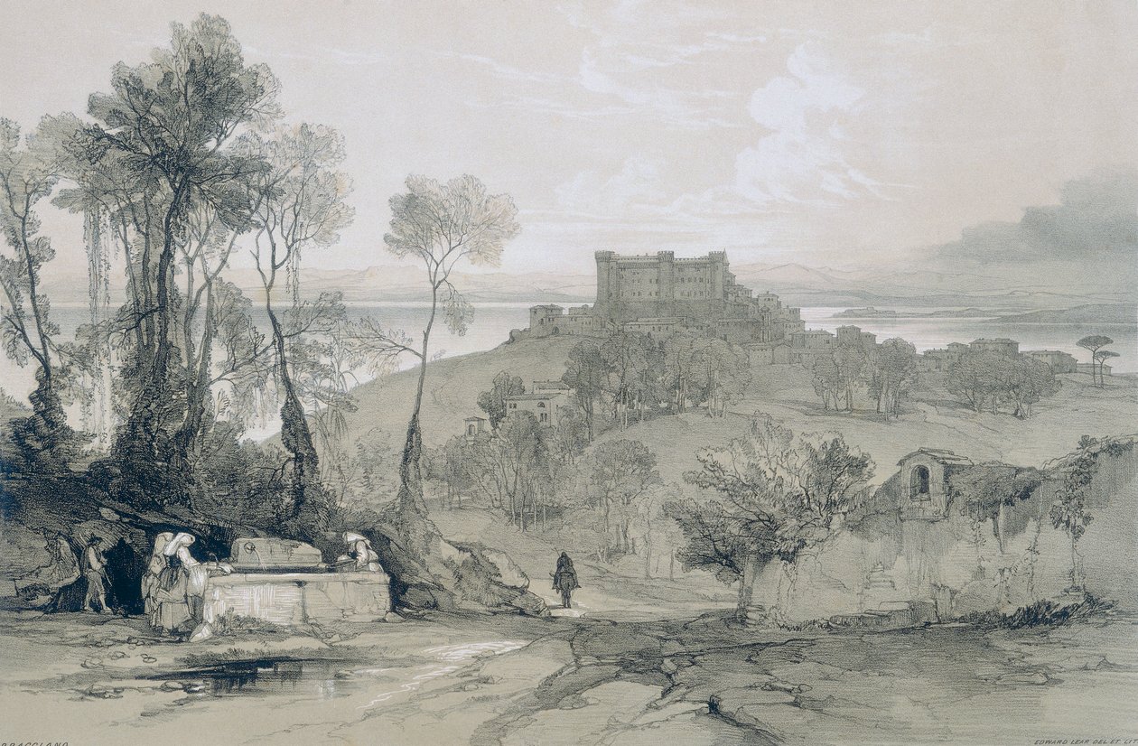 Utsikt i Roma og omegn: Slottet og byen Bracciano ved innsjøen med samme navn av Edward Lear