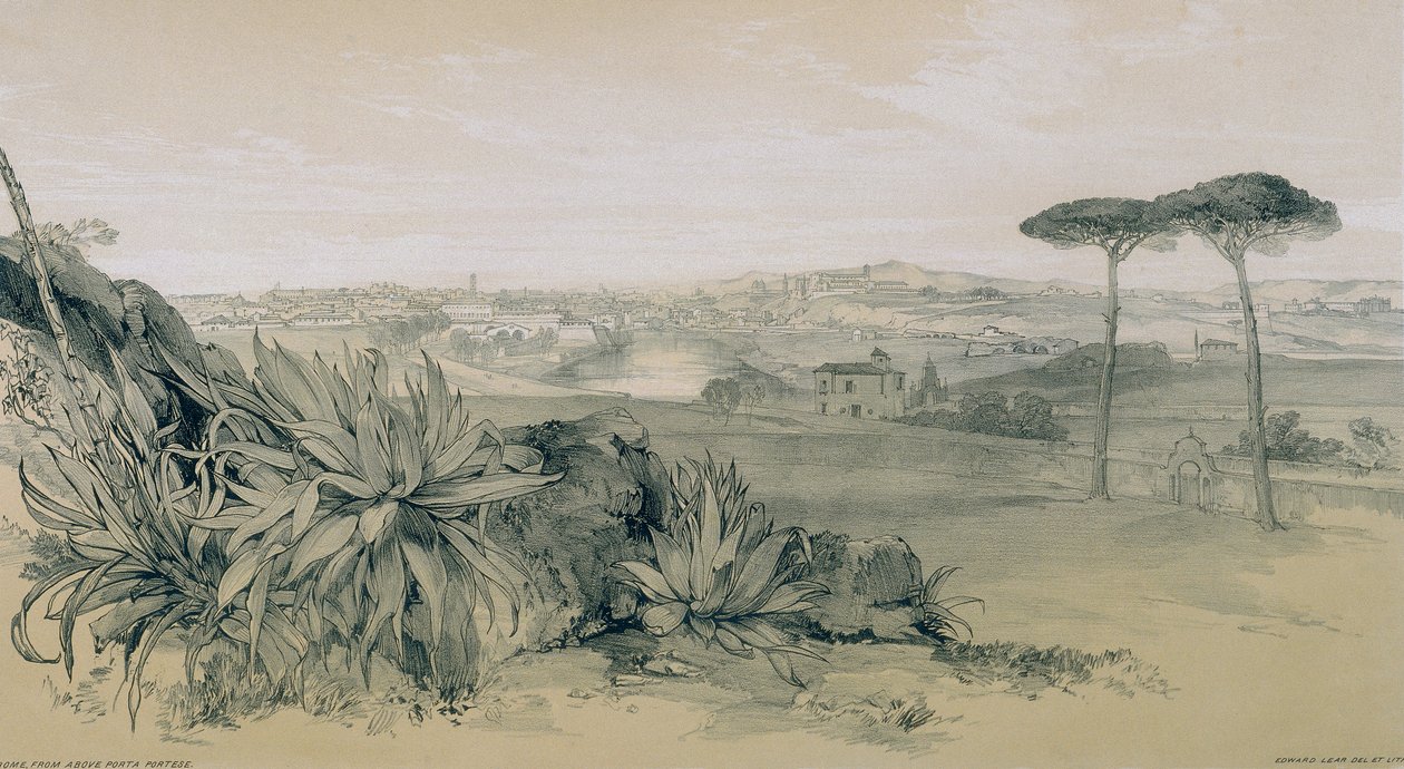 Utsikt i Roma og omegn: Roma fra en villa over Porta Portese av Edward Lear
