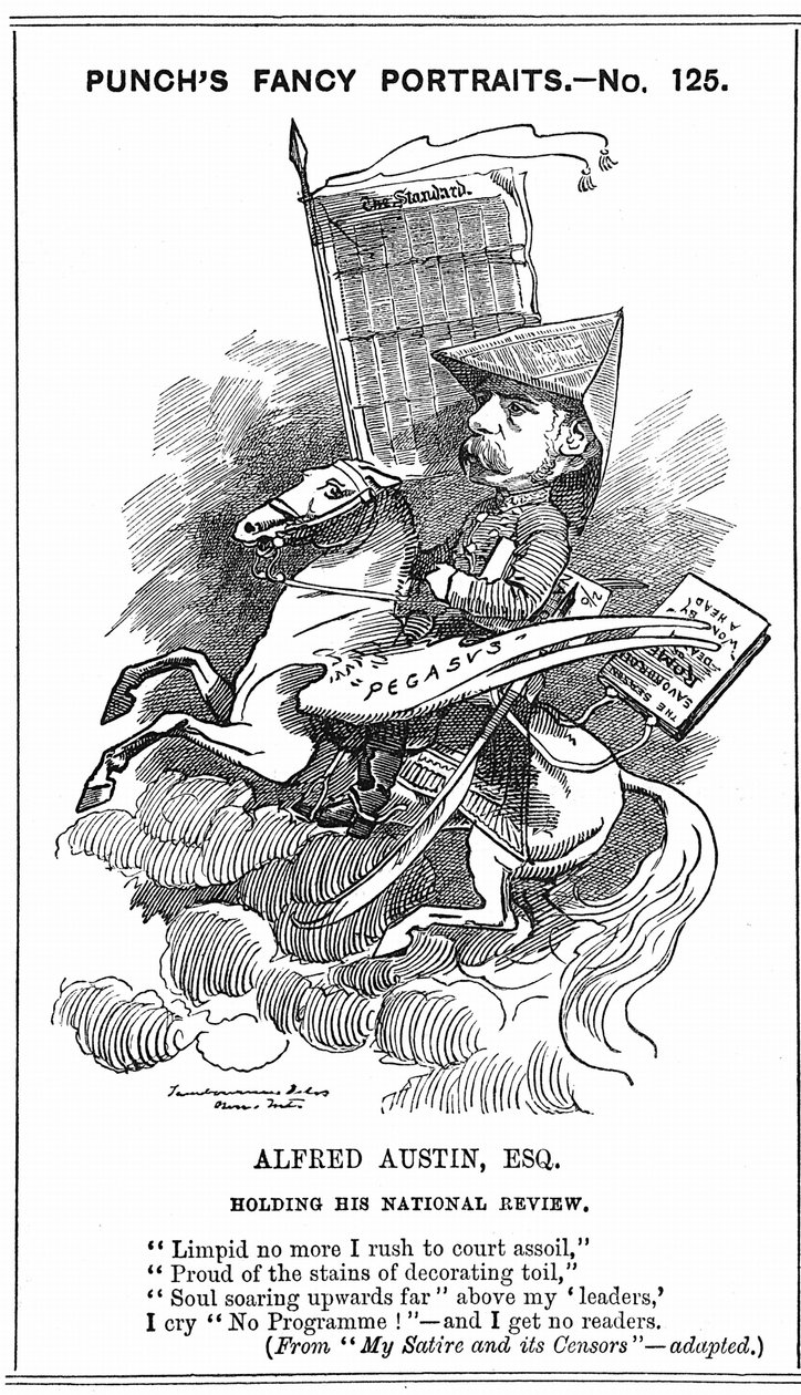 Alfred Austin (1835-1913) britisk poetprisvinner fra 1896. Tegneserie av Edward Linley Sambourne (1844-1910) i Fancy Portraits-serien i Punch, London, 3. mars 1883, da Austin ble redaktør for National Review. Gravering. av Edward Linley Sambourne