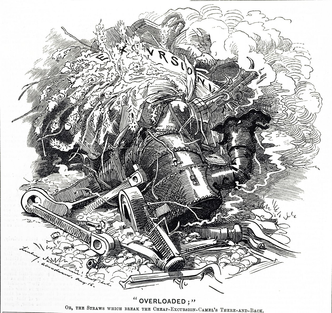 Tegneserie med tittelen "Overloaded"; eller halmen som knuste kamelens rygg av Edward Linley Sambourne