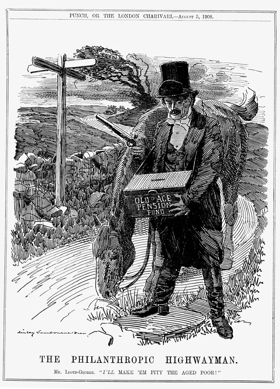 David Lloyd George (1863-1945) walisisk-født britisk liberal statsmann. I 1908, som finansminister, introduserte Lloyd George sin lov om alderspensjon. Tegneserie av Edward Linley Sambourne fra Punch, London, august 1908. av Edward Linley Sambourne