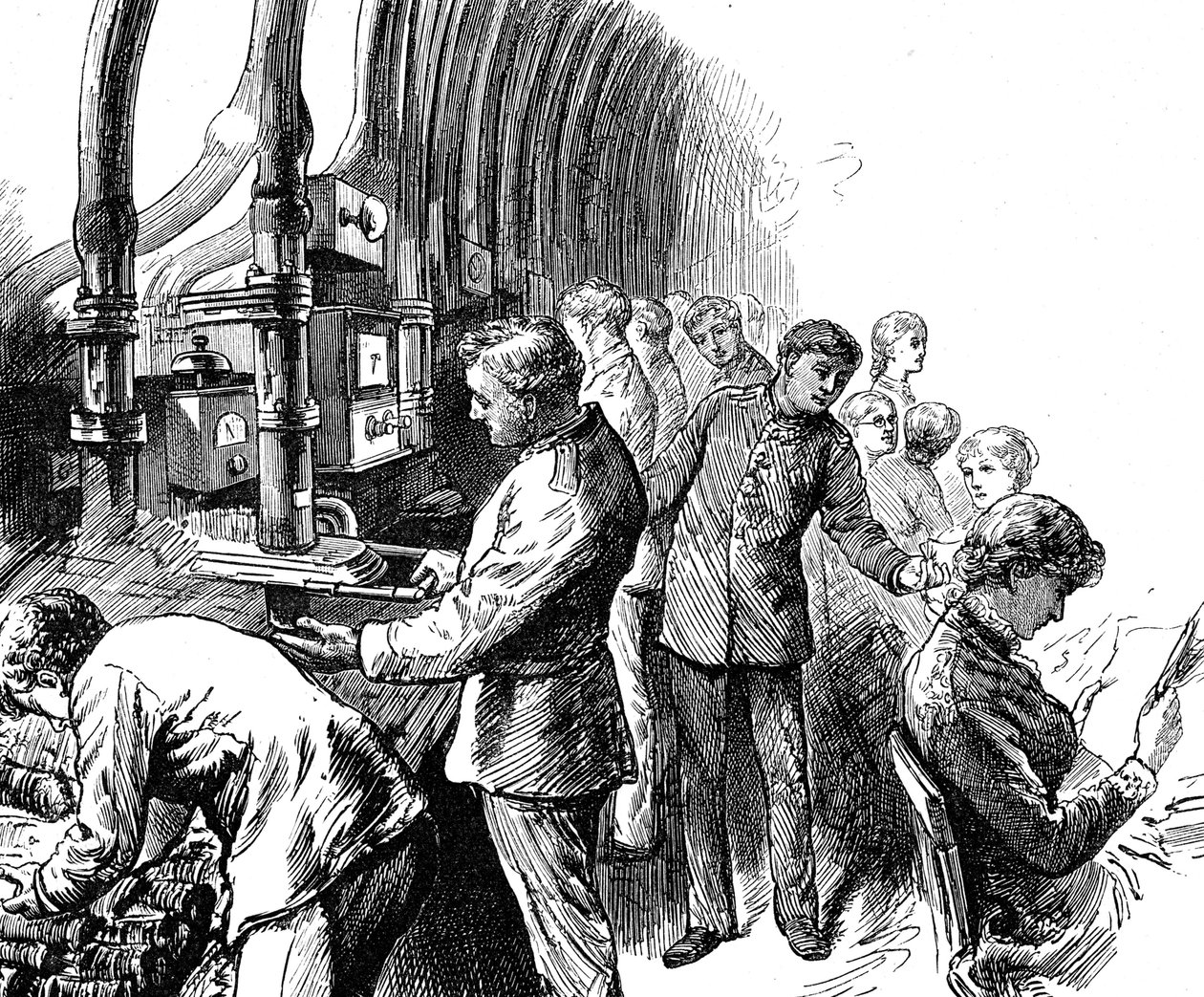 Gravering som viser den pneumatiske forsendelsen som General Post Office brukte til å frakte pakker under London. Edward Linley Sambourne (1844-1910) en engelsk tegneserieskaper og illustratør. Datert 1800-tallet ©UIG/Leemage av Edward Linley Sambourne