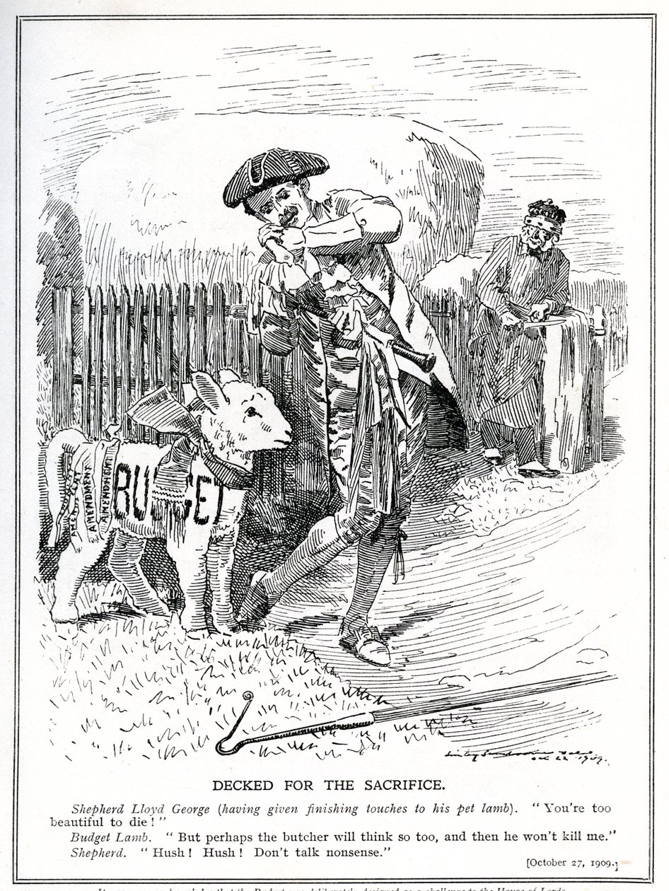 Lloyd George forbereder seg på å sende "kjæledyrlammet" sitt, "People's Budget", for å bli ofret og drept av House of Lords, 1909 av Edward Linley Sambourne