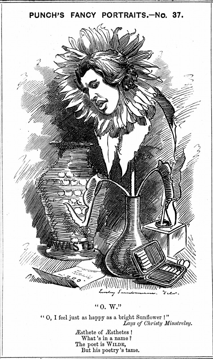Oscar Wilde (1854-1900) irsk dramatiker, romanforfatter, poet og vidd. Tegneserie av Edward Linley Sambourne fra hans 'Fancy Portraits'-serie for Punch London, 25. juni 1881, som viser Wilde som en solsikke. Tregravering av Edward Linley Sambourne