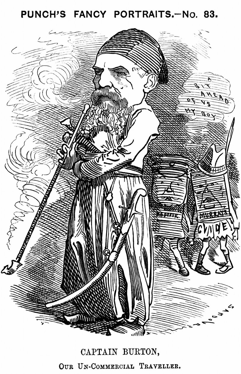 Richard Francis Burton (1821-1890) engelsk orientalist og oppdagelsesreisende. Tegneserie av Edward Linley Sambourne for Punch, London av Edward Linley Sambourne