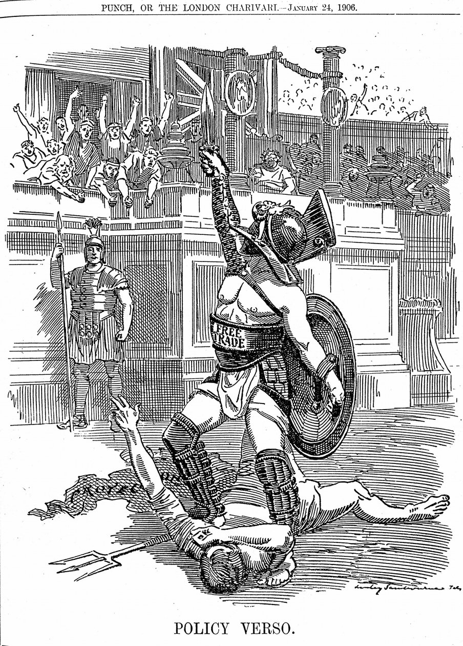 Med retur av den liberale regjeringen i Storbritannia, desember 1905, var frihandel politikken, snarere enn den konservative politikken for beskyttelse av tariff. Tegneserie av Edward Linley Sambourne fra Punch London 24. januar 1906 av Edward Linley Sambourne