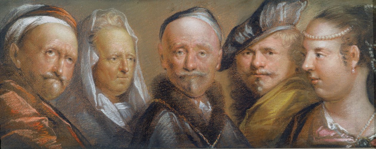 Studier av fem hoder etter Rembrandt (pastell på kobberplate) av Edward Lutterell