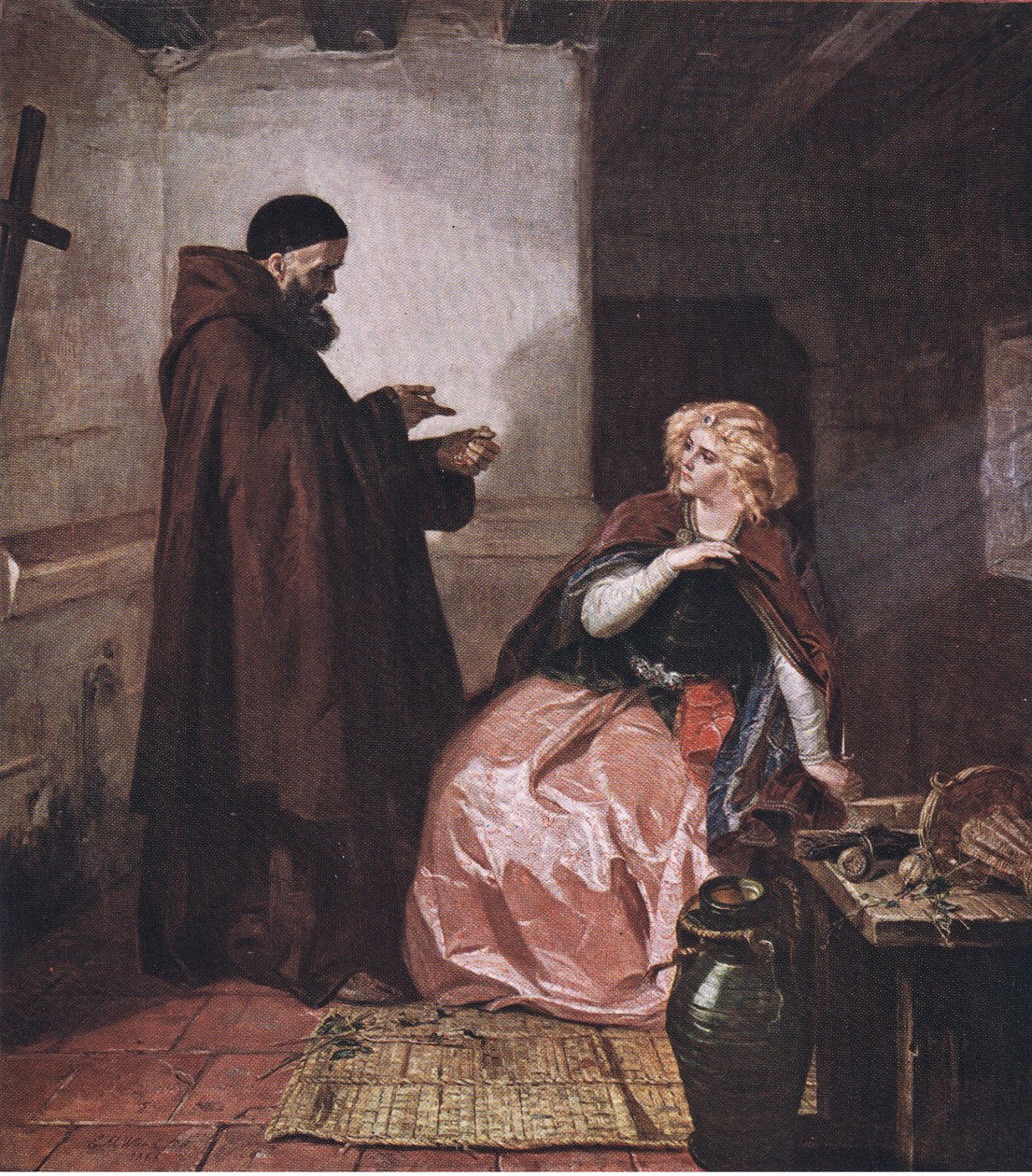 Juliet og broren Laurence (Romeo og Julie) Ta du hetteglasset, mens du så er i sengen, og denne destillerte brennevinsdrikken, fra puben The Complete Works of William Shakespeare. av J Coker & Co Ltd (c. av Edward Matthew Ward