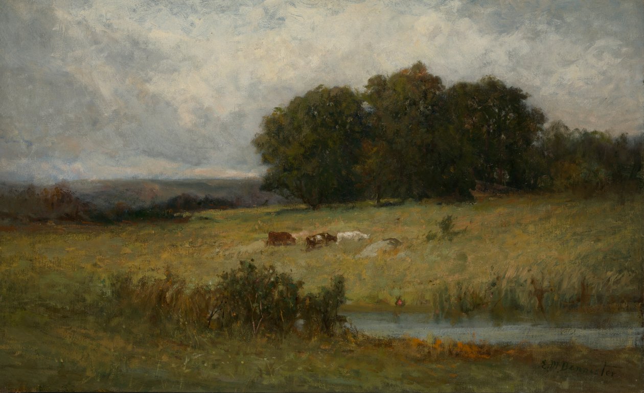 Lys scene av storfe nær Stream. av Edward Mitchell Bannister