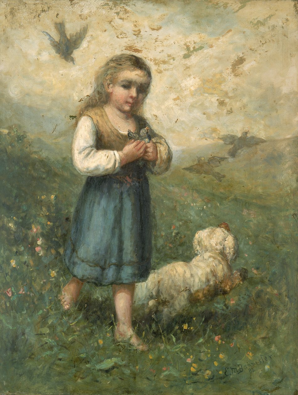 Barn med fugler og hund, 1882. av Edward Mitchell Bannister