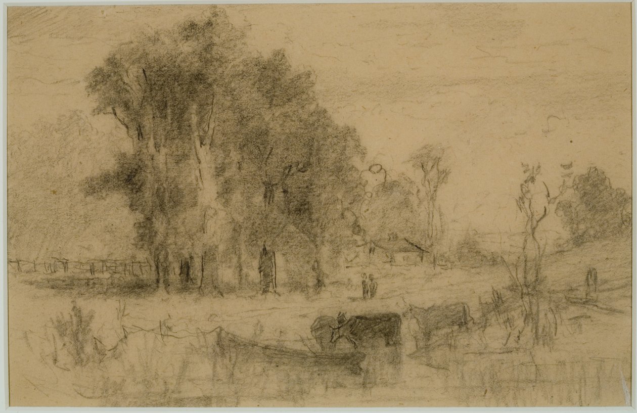 Landskap, robåt og kyr (#57) C. 1880 (grafitt på papir) av Edward Mitchell Bannister