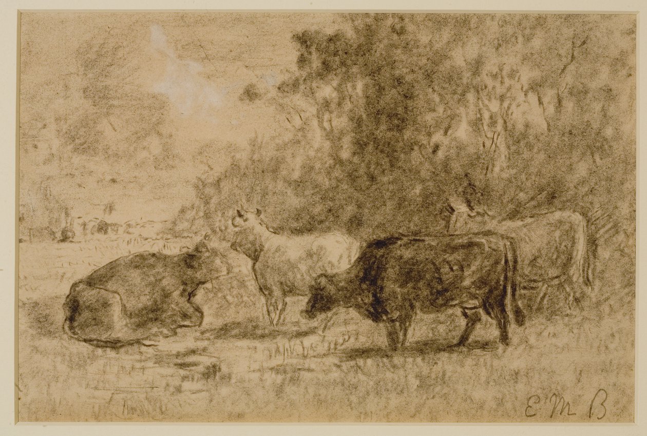 Landskap med fire kyr, ca. 1880-tallet (kull på papir) av Edward Mitchell Bannister