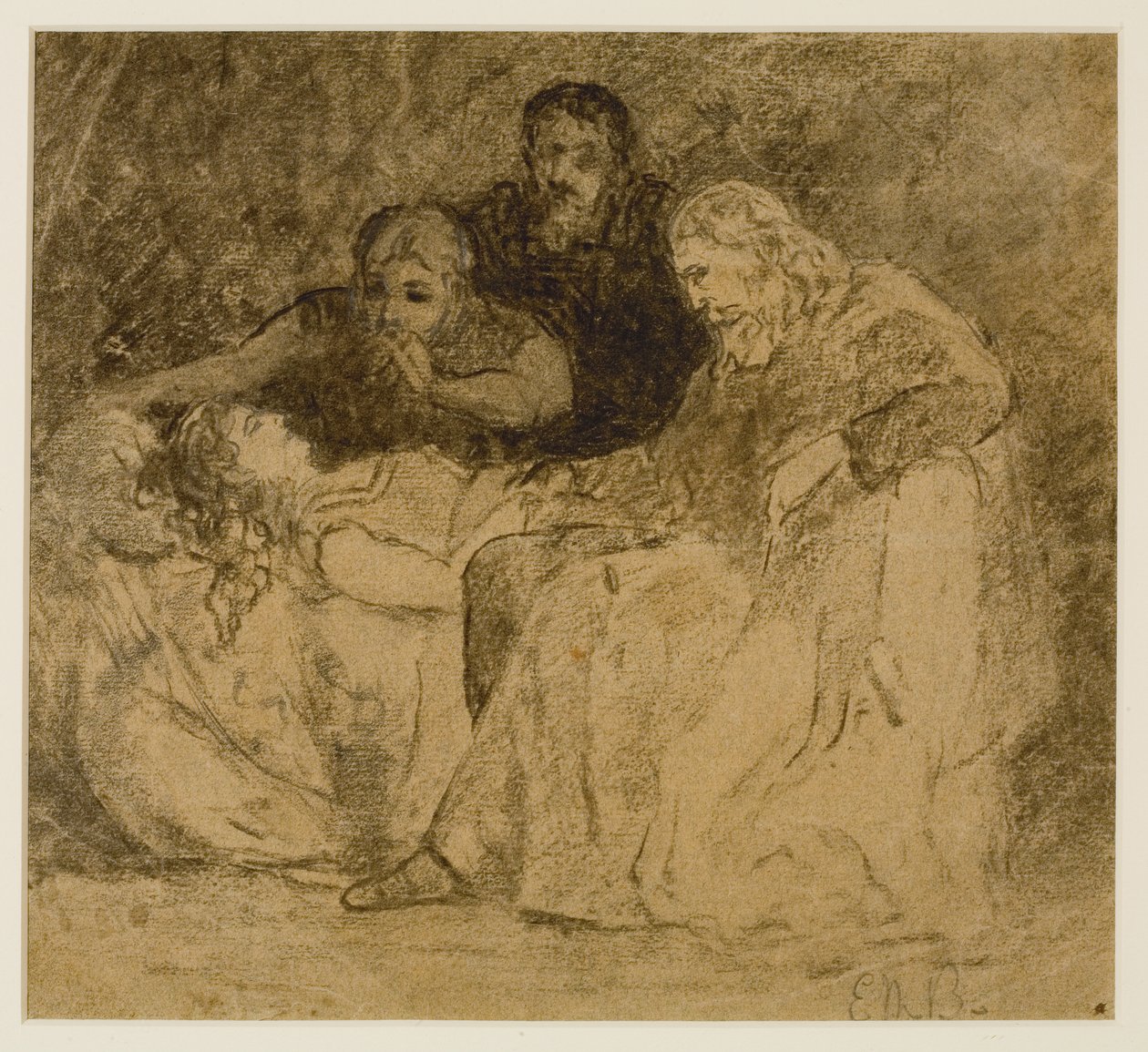 Tre figurer, kvinner i seng (#66), ca 1880-tallet (grafitt på papir) av Edward Mitchell Bannister