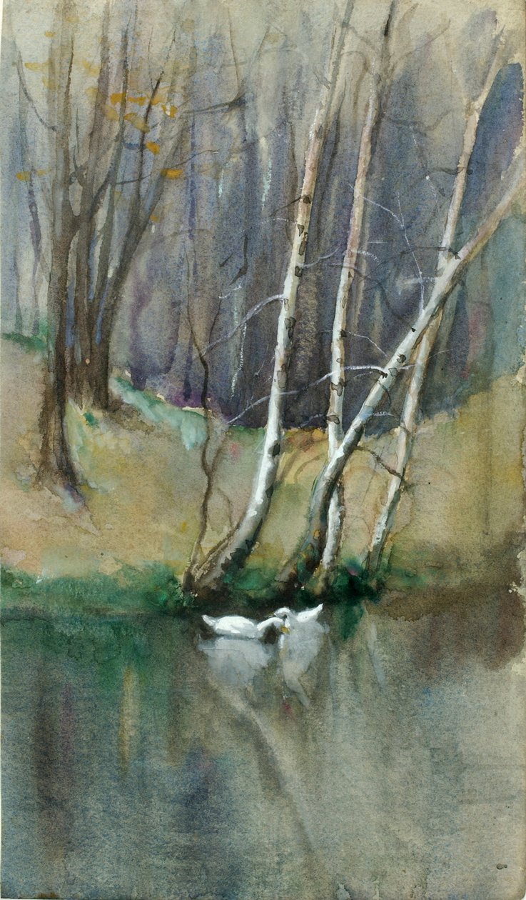 Uten tittel Trescene med bjørketrær og ender, n.d. av Edward Mitchell Bannister