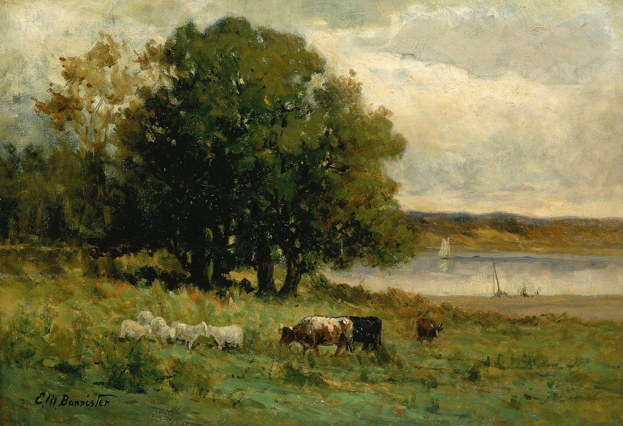 Uten tittel storfe nær elv med seilbåt i avstand, nd av Edward Mitchell Bannister