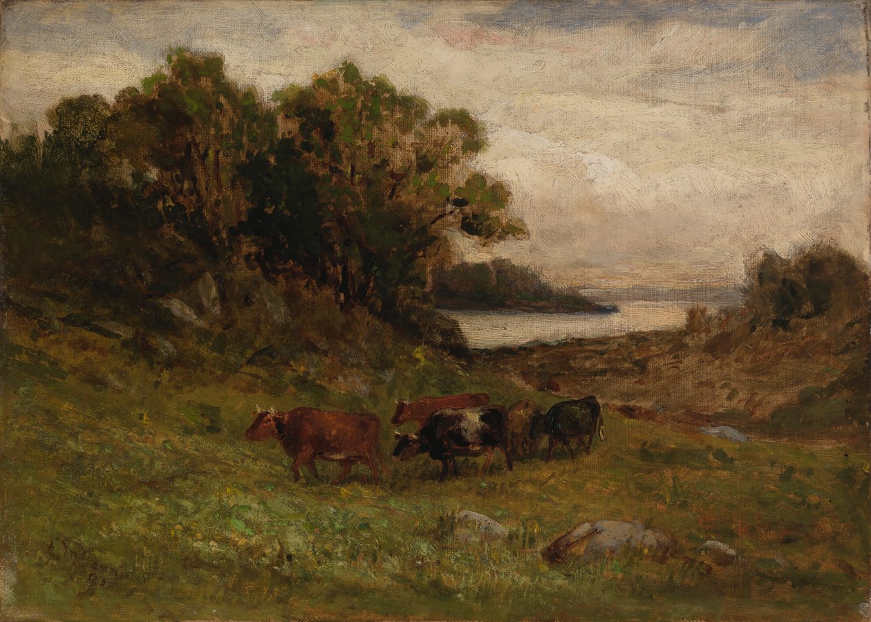Uten tittel fem kyr beiter med trær og elv i bakgrunnen. av Edward Mitchell Bannister