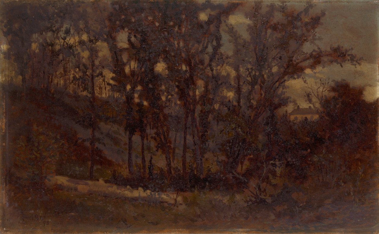 Uten tittel skogscene, falt tre i forgrunnen og hus i bakgrunnen, 1873. av Edward Mitchell Bannister