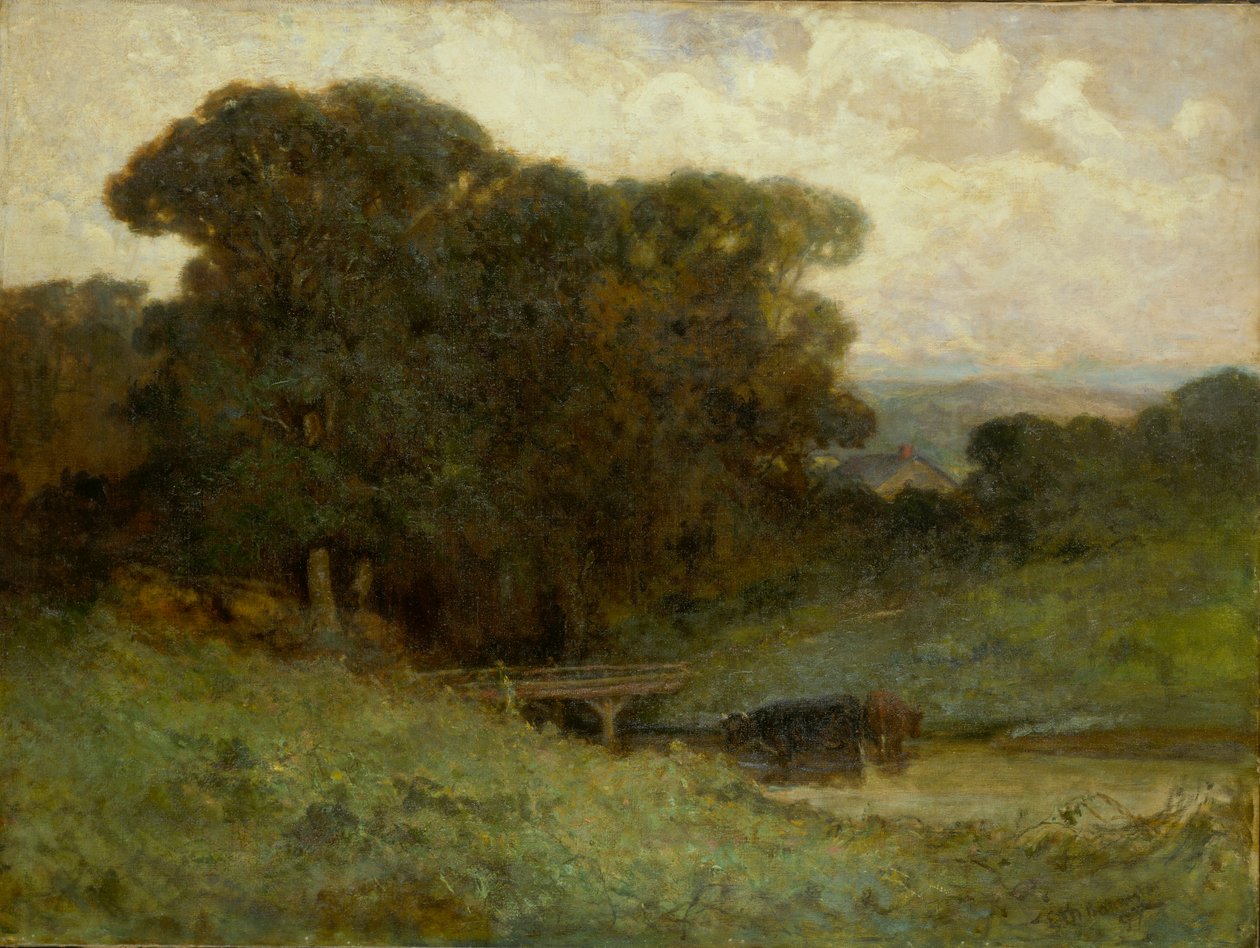 Unavngitt skogscene med bro, kyr i bekk i forgrunnen, 1897. av Edward Mitchell Bannister