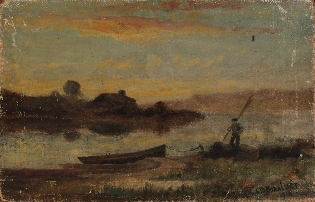 Uten tittel landskap, båt fortøyd nær bredden med mann gående, 1896. av Edward Mitchell Bannister