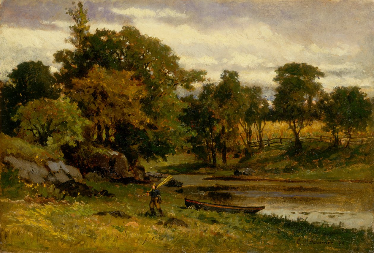 Landskap uten tittel, båt fortøyd nær bekk, mann som går i forgrunnen, 1879. av Edward Mitchell Bannister