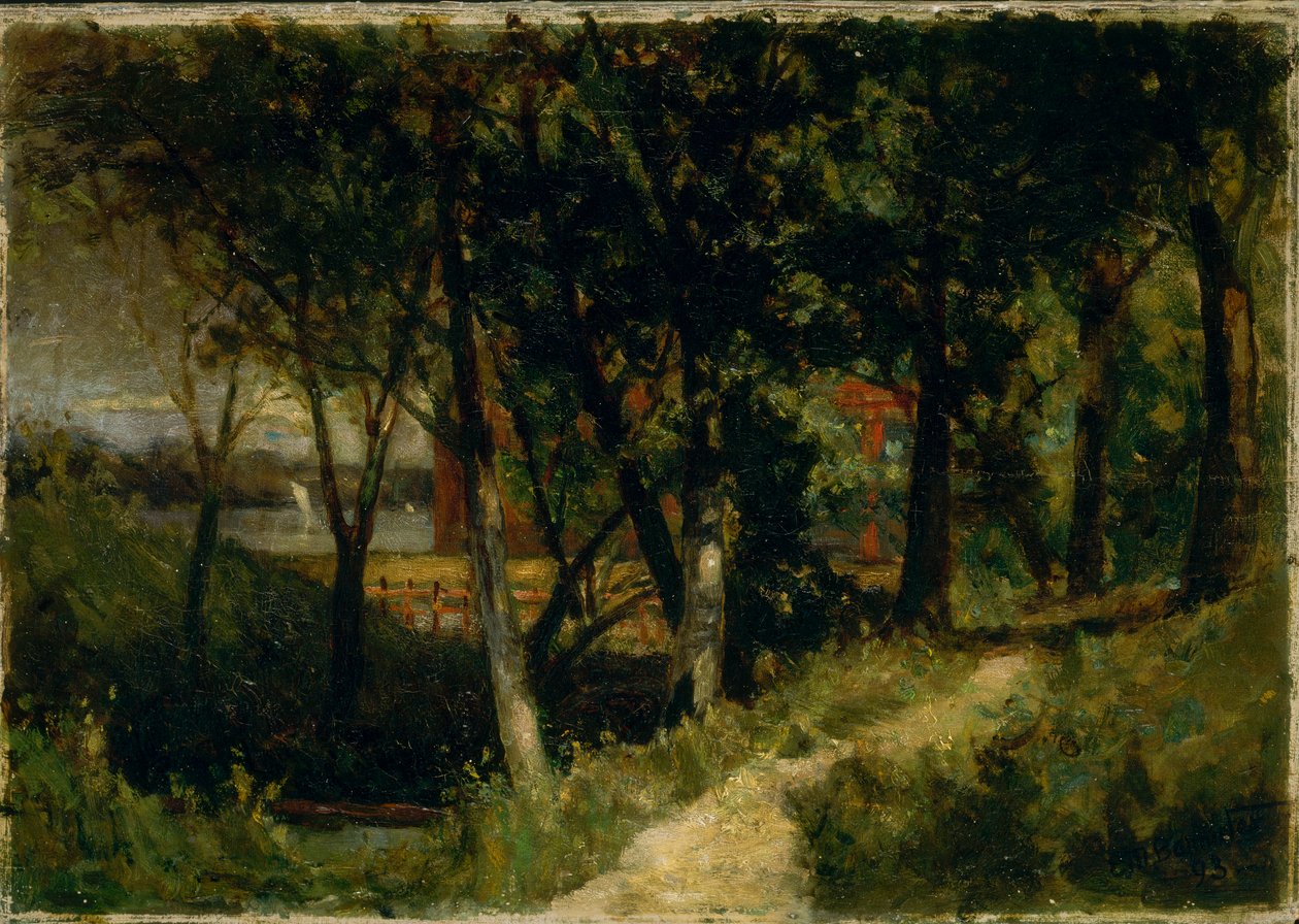 Uten tittel landskap, skogscene med rødt gjerde og bygning, 1893. av Edward Mitchell Bannister