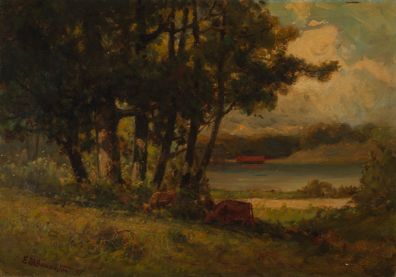 Uten tittel landskap med kyr som beiter nær elven, 1891. av Edward Mitchell Bannister
