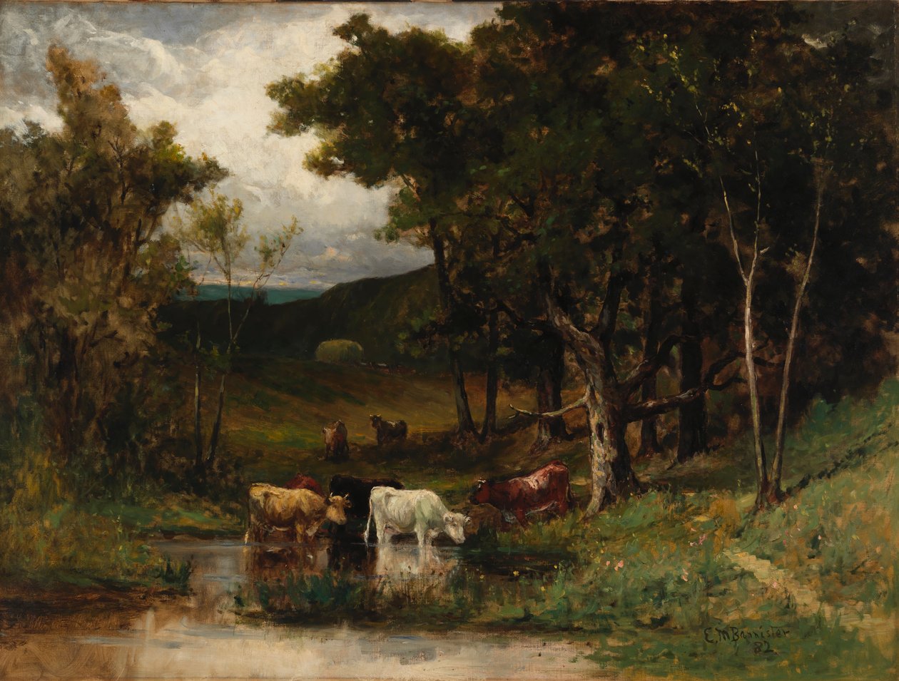 Uten tittel landskap med kyr i bekk nær trær, 1882. av Edward Mitchell Bannister