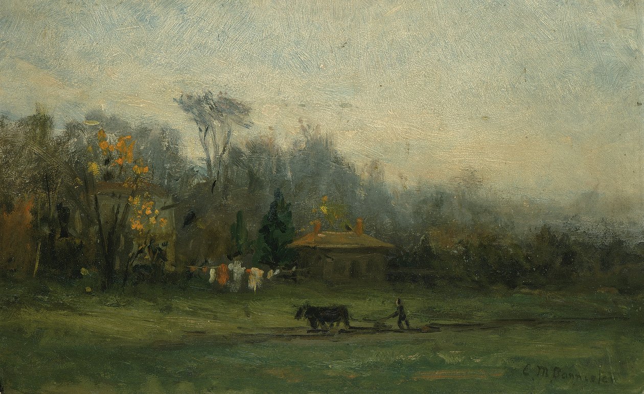 Uten tittel landskap med mann som pløyer åker, n.d. av Edward Mitchell Bannister
