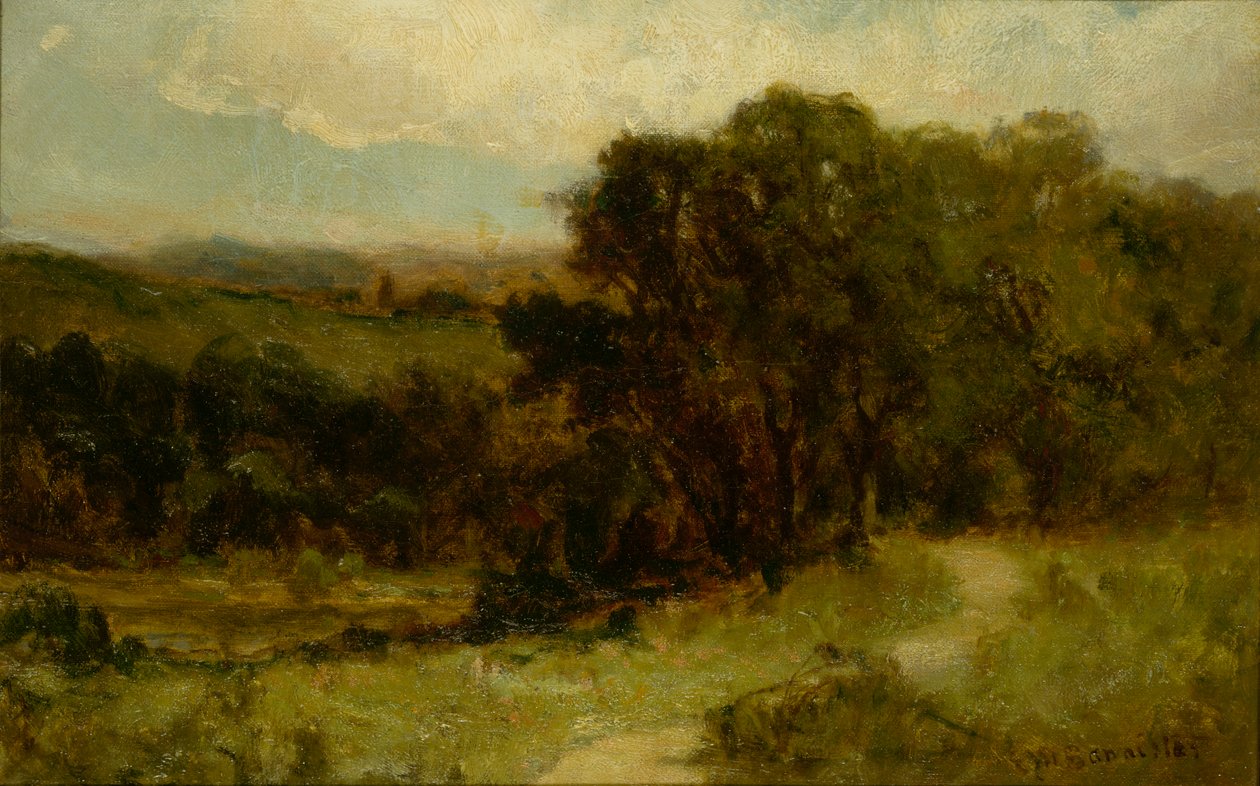 Uten tittel landskap med vei nær bekk og trær, n.d. av Edward Mitchell Bannister