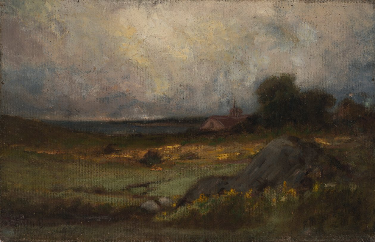 Uten tittel landskap med stein i forgrunnen og tak med tårn, innsjø i bakgrunnen, n.d. av Edward Mitchell Bannister
