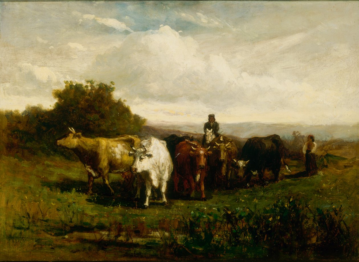 Uten tittel mann til hest, kvinne til fots som driver storfe, 1880. av Edward Mitchell Bannister