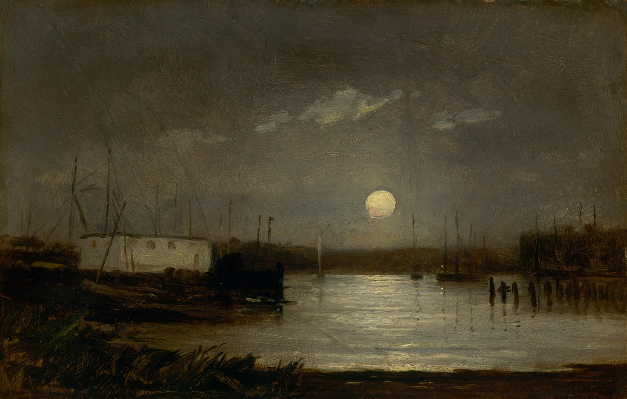 Unavngitt måne over en havn, bryggescene med fullmåne og master av båter, ca. 1868. av Edward Mitchell Bannister