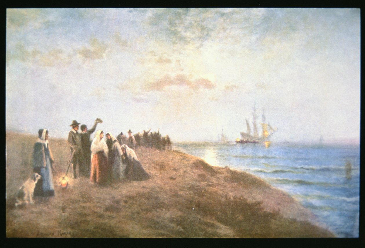 Ombordstigning av pilegrimene (olje på lerret) av Edward Moran