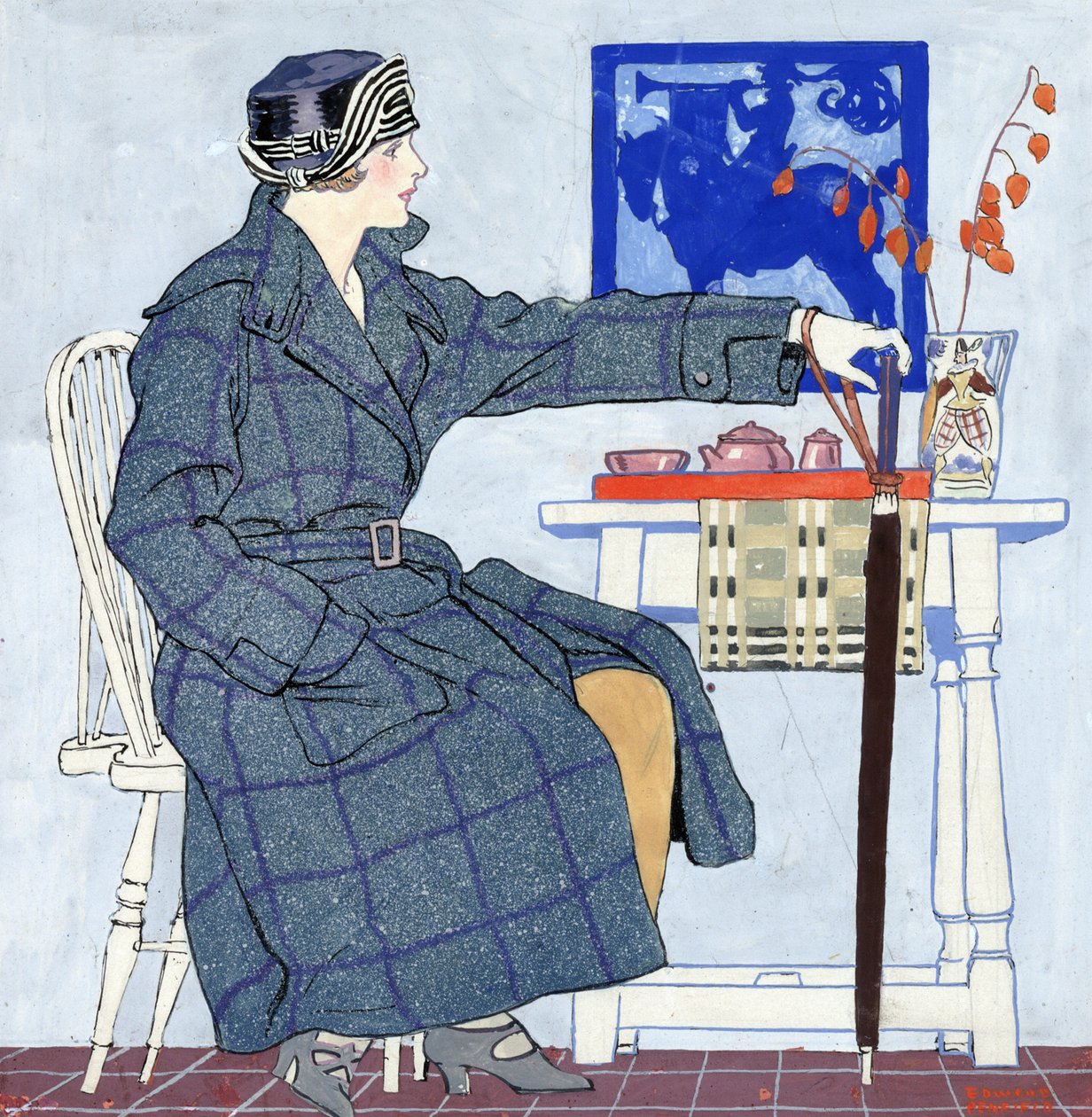 En ung kvinne som sitter ved siden av et bord og holder en paraply av Edward Penfield