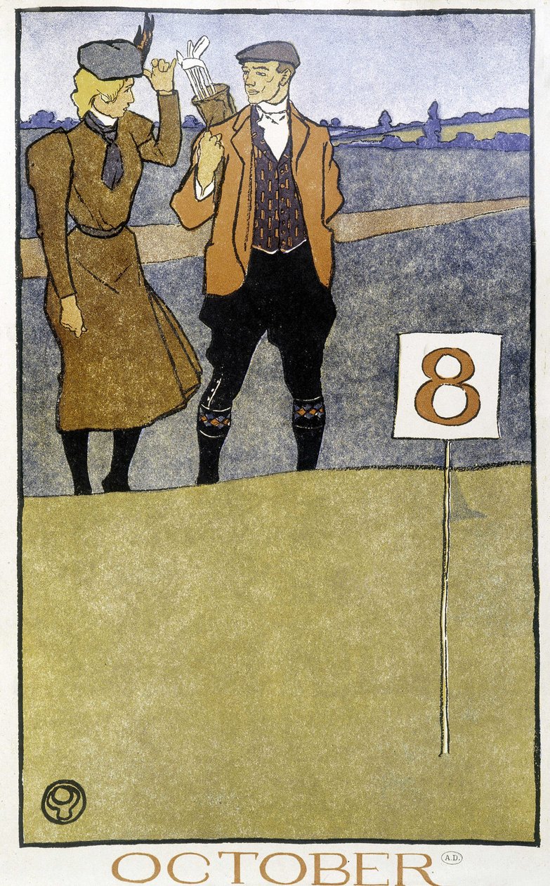 Par som spiller golf - i "" Golf Calendar"" av Edward Penfield, red. 1899 av Edward Penfield