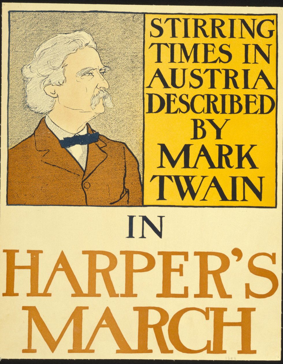 Mark Twain i Harpers utgave fra mars 1898 (litografi) av Edward Penfield