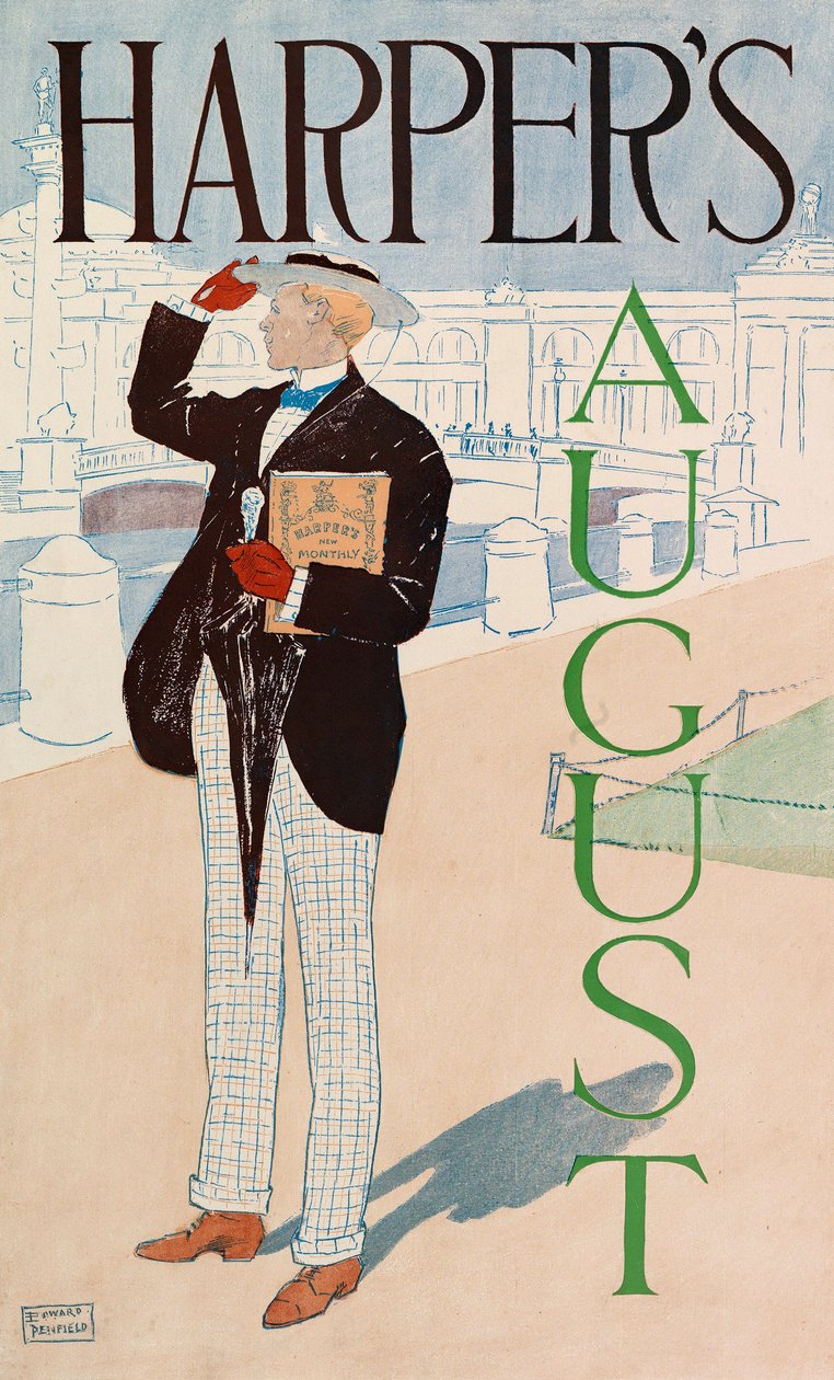 Plakat som reklamerer for Harpers New Monthly Magazine, august 1893 (fargelitografi) av Edward Penfield