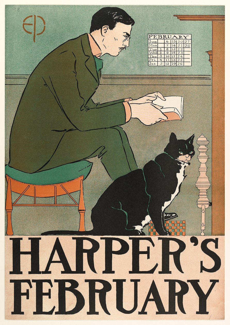 Plakat som annonserer Harpers New Monthly Magazine, februar 1898 av Edward Penfield