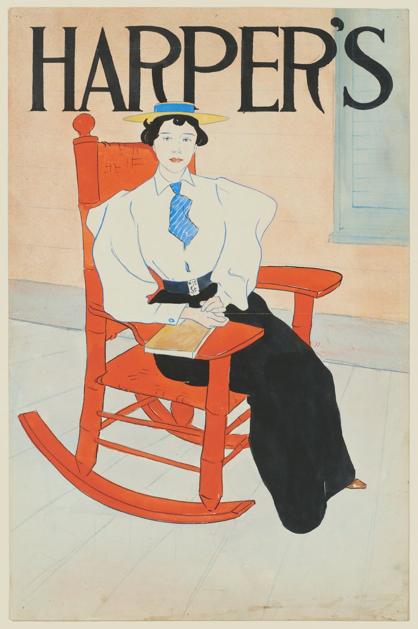 Junge Frau in einem roten Schaukelstuhl sitzend av Edward Penfield