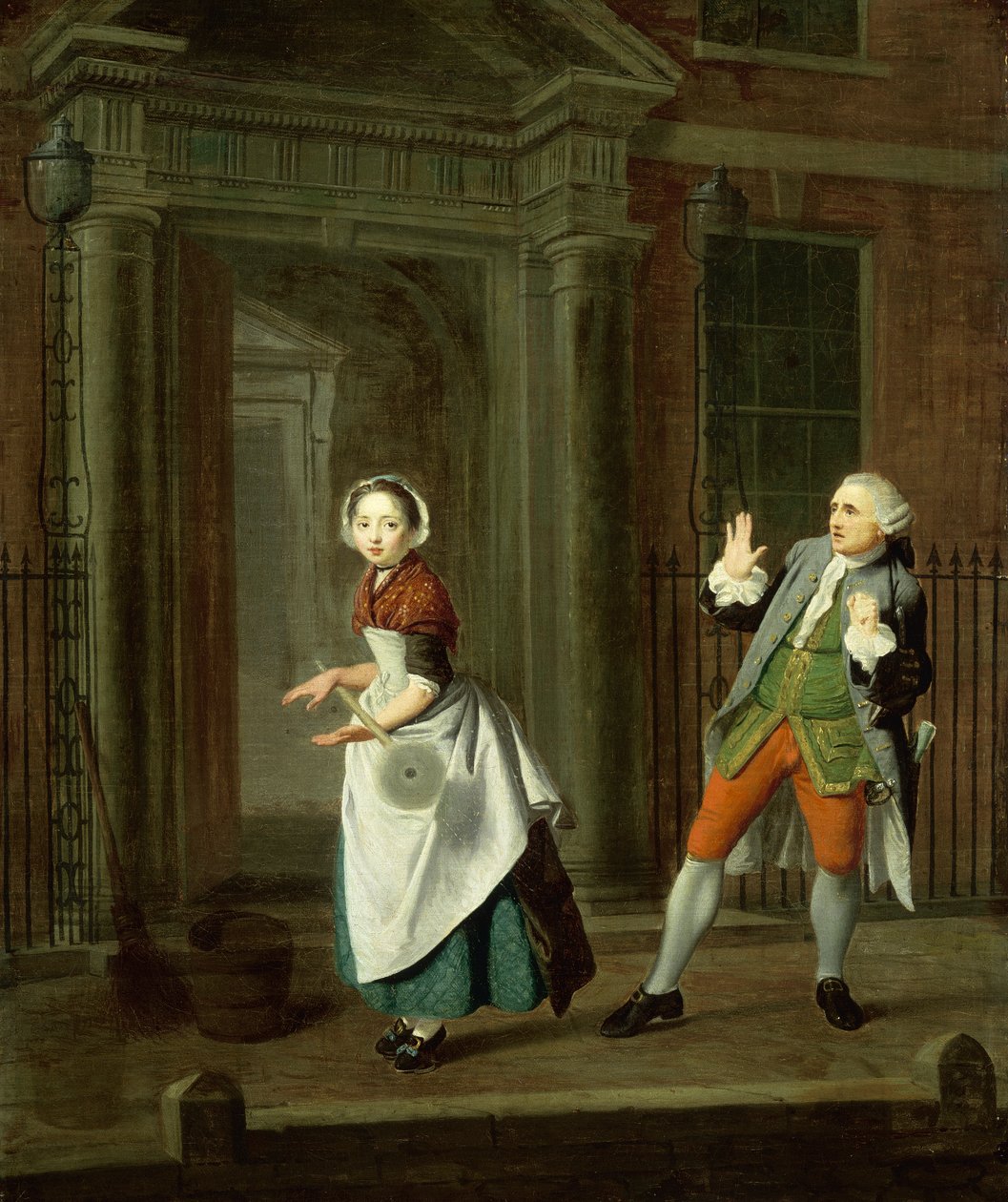 En godt kledd tjenestejente snurrer moppen sin, c1764 av Edward Penny