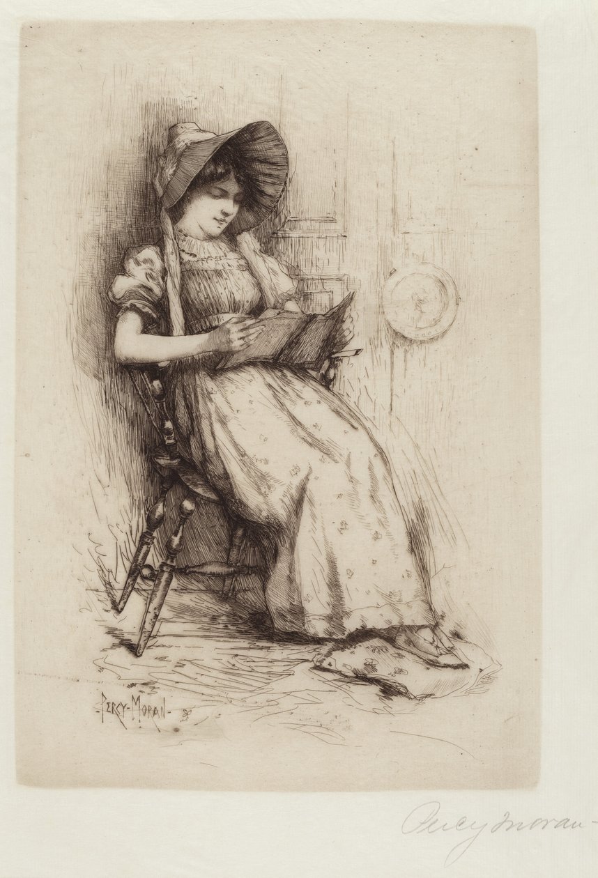 Uten tittel (Ung jente med hatt, i stol, lesing) av Edward Percy Moran