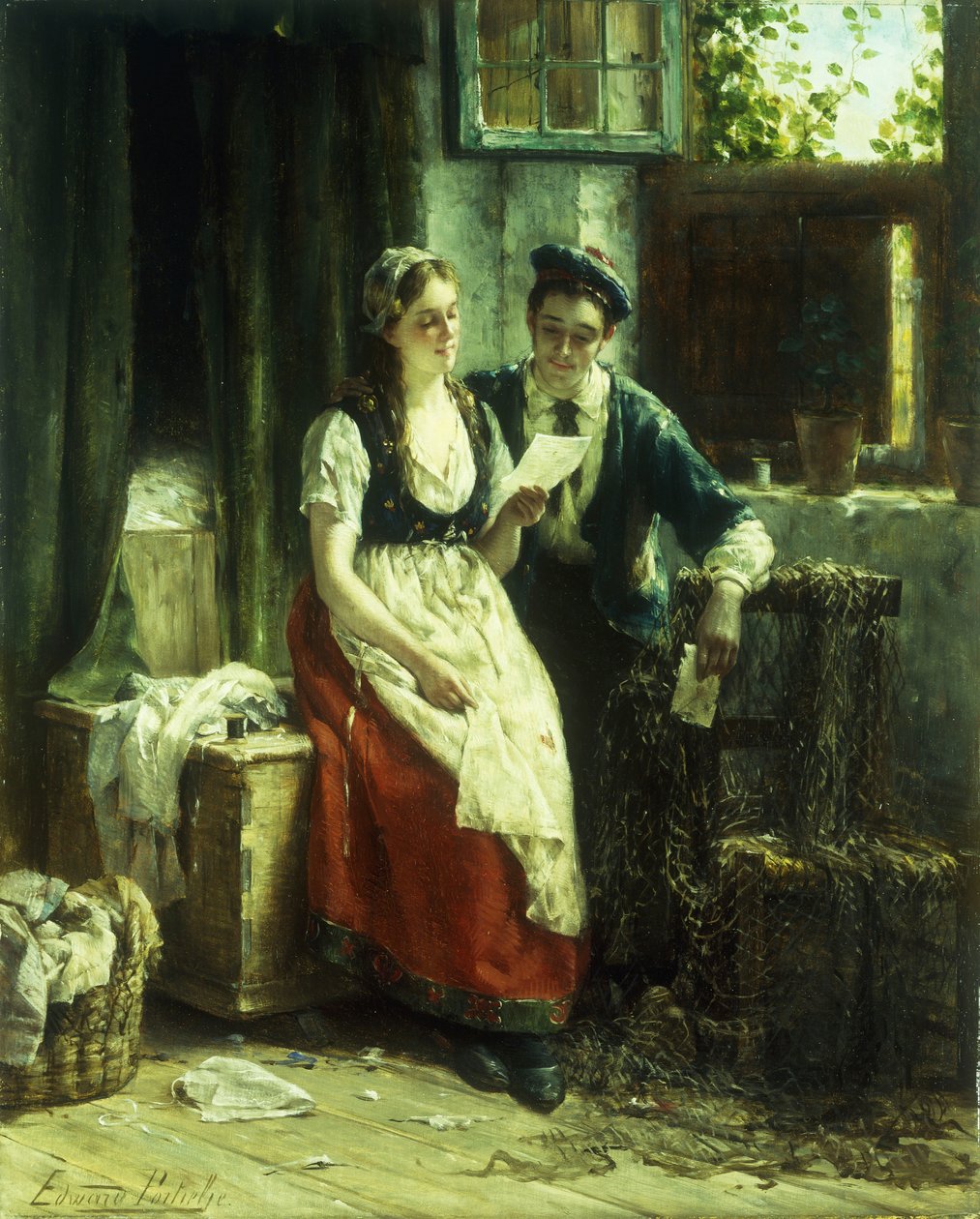 The Letter (olje på panel) av Edward Portielje