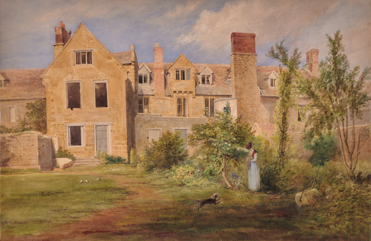 På Nottingham (baksiden av steinbygninger med kvinne, hund og hagerulle) av Edward Pretty