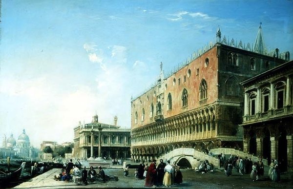 Piazzetta, Venezia, med mange figurer ved Dogepalasset (olje på lerret) av Edward Pritchett