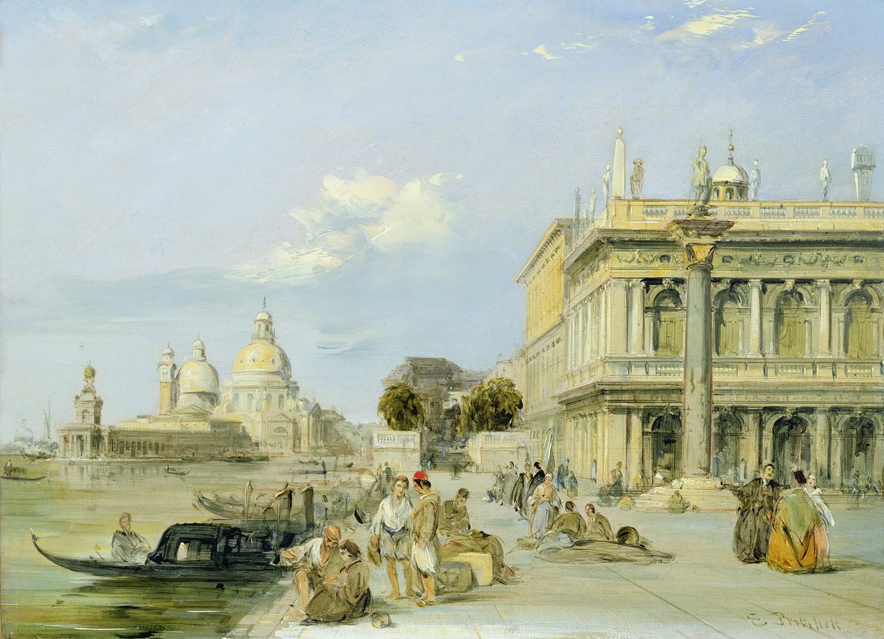 Utsikt over Dogana og Santa Maria della Salute fra Piazzetta, Venezia (olje på lerret) (par 94868) av Edward Pritchett