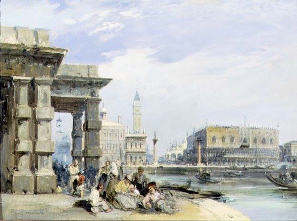 Utsikt over Piazzetta og Palazzo Ducale fra Dogana di Mare, Venezia (olje på lerret) (par 94869) av Edward Pritchett