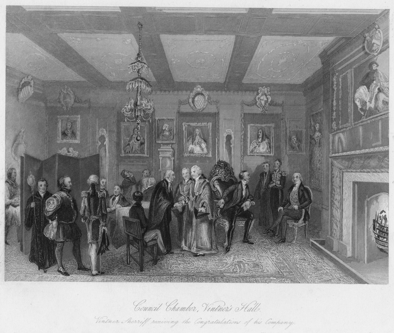 Rådssalen, Vintners Hall. Vintner sherriff mottar gratulasjonene fra selskapet sitt, c1 av Edward Radclyffe