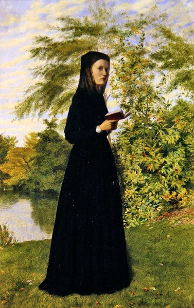 Dame leser i et parkområde, ca. 1860 (olje om bord) av Edward Radford